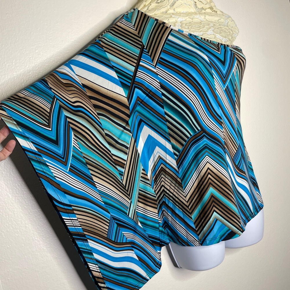 Cache One Shoulder Top Blue Brown Geometric Chevron Stripe Draped Asymmetric L